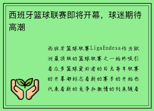 西班牙篮球联赛即将开幕，球迷期待高潮